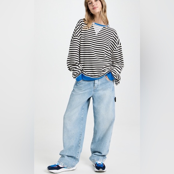 We The Free Striped Sweatshirt In Black/White/Blue French Terry Crewneck SZ S - Picture 16 of 16